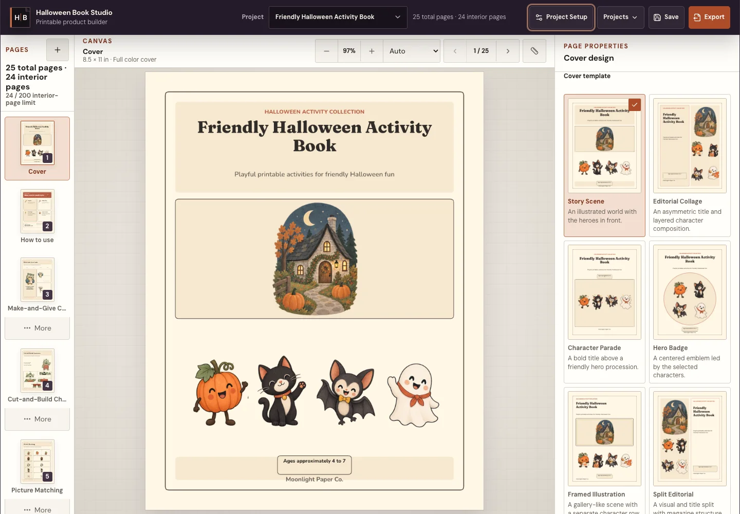 Actual Halloween Activity Book Builder workspace with page settings and activity preview